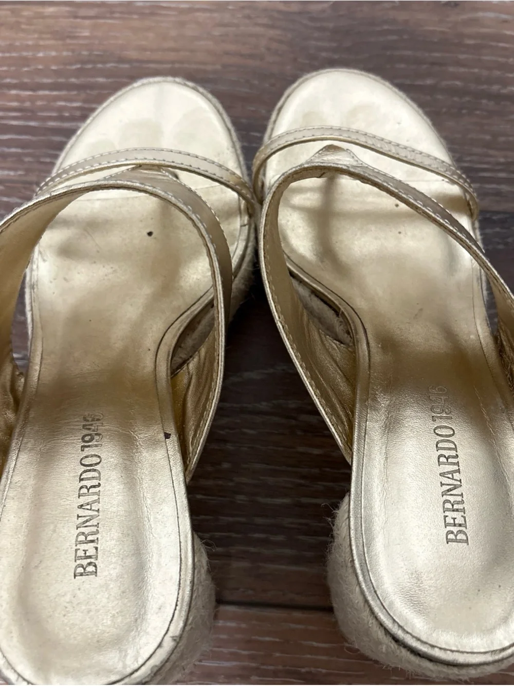 Bernardo Metallic Gold Espadrille Platform Thong Heels